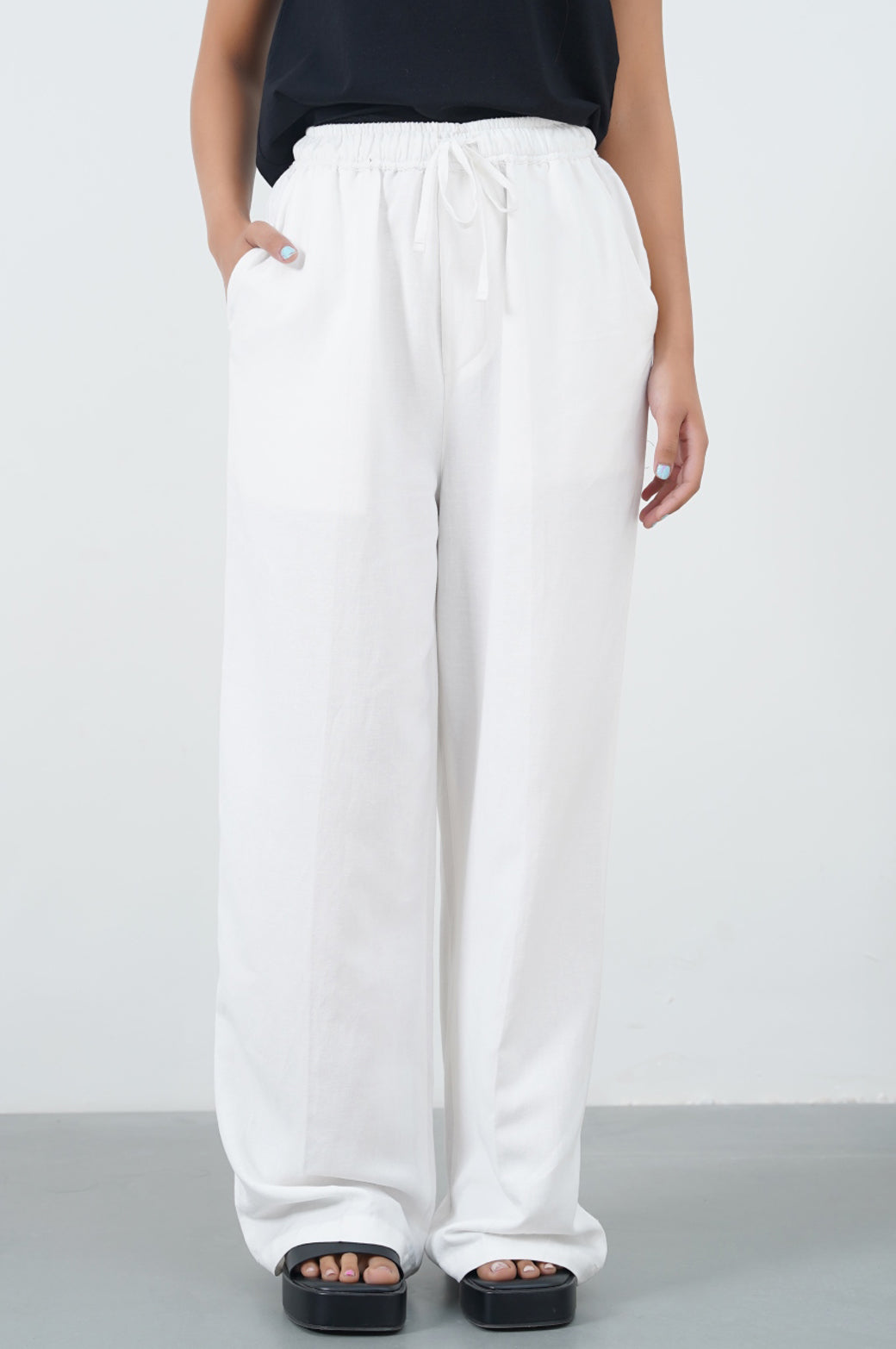 WHITE DRAWSTRING WIDE LEG PANTS