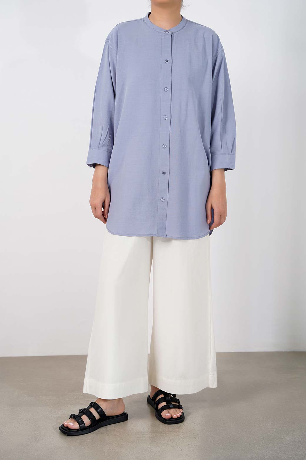 BLUE BAND COLLAR LONG SHIRT