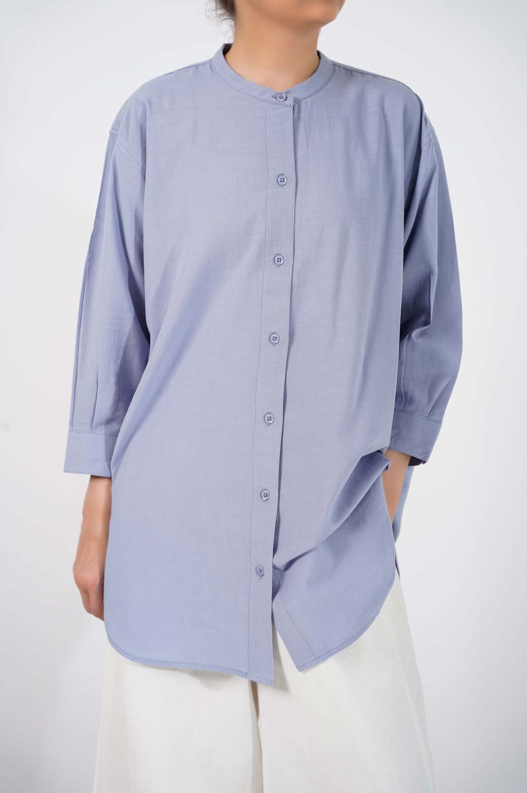 BLUE BAND COLLAR LONG SHIRT