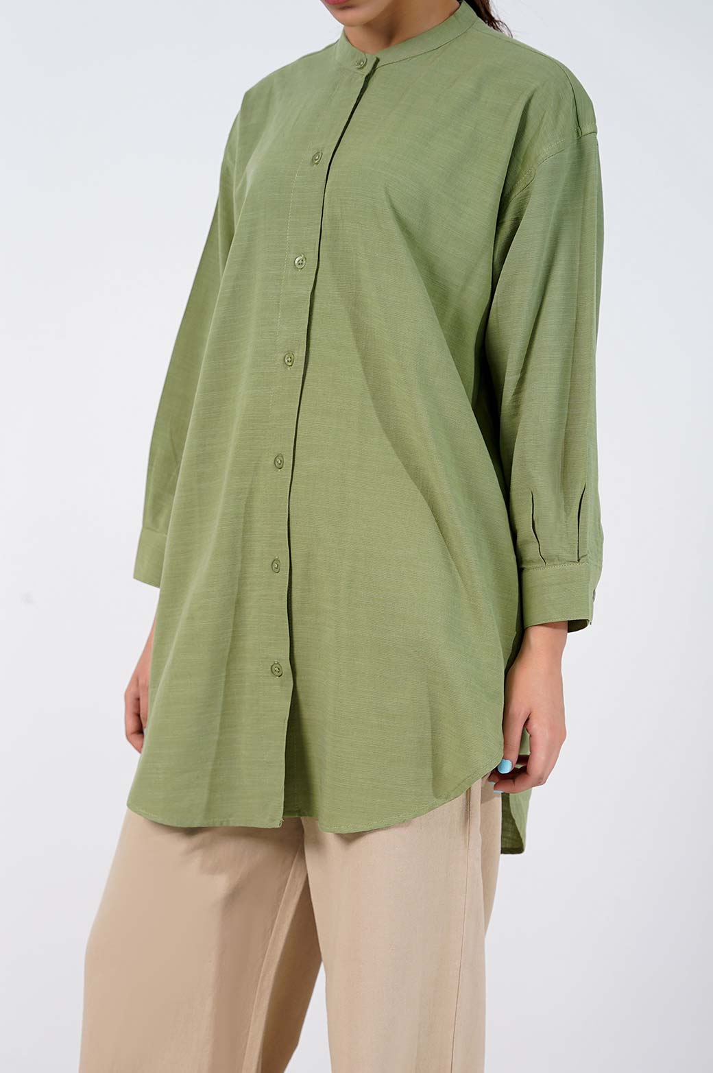 GREEN BAND COLLAR LONG SHIRT