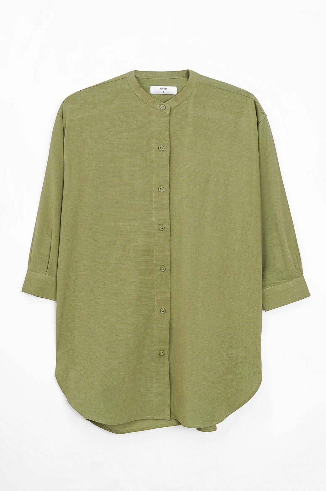 GREEN BAND COLLAR LONG SHIRT
