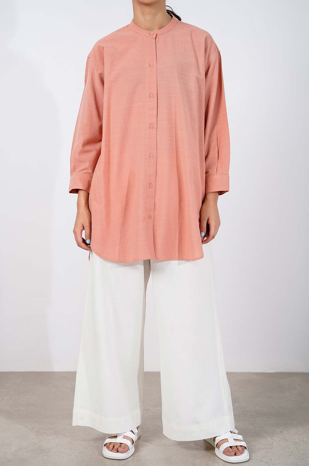 ORANGE BAND COLLAR LONG SHIRT