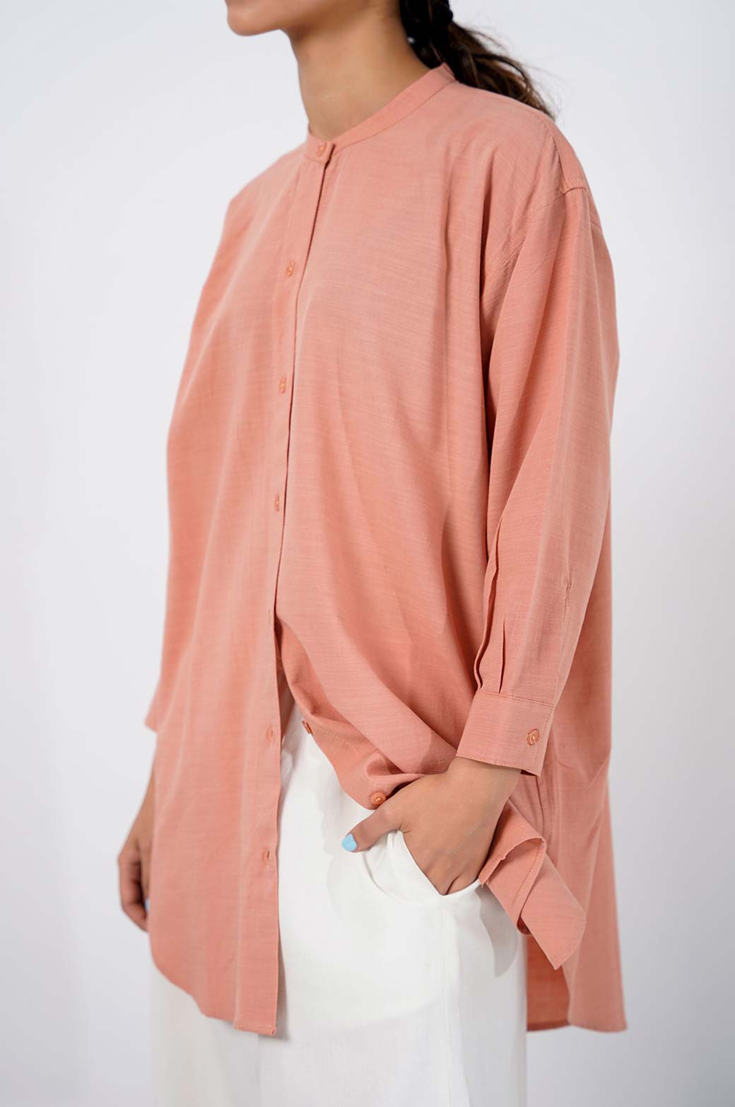 ORANGE BAND COLLAR LONG SHIRT