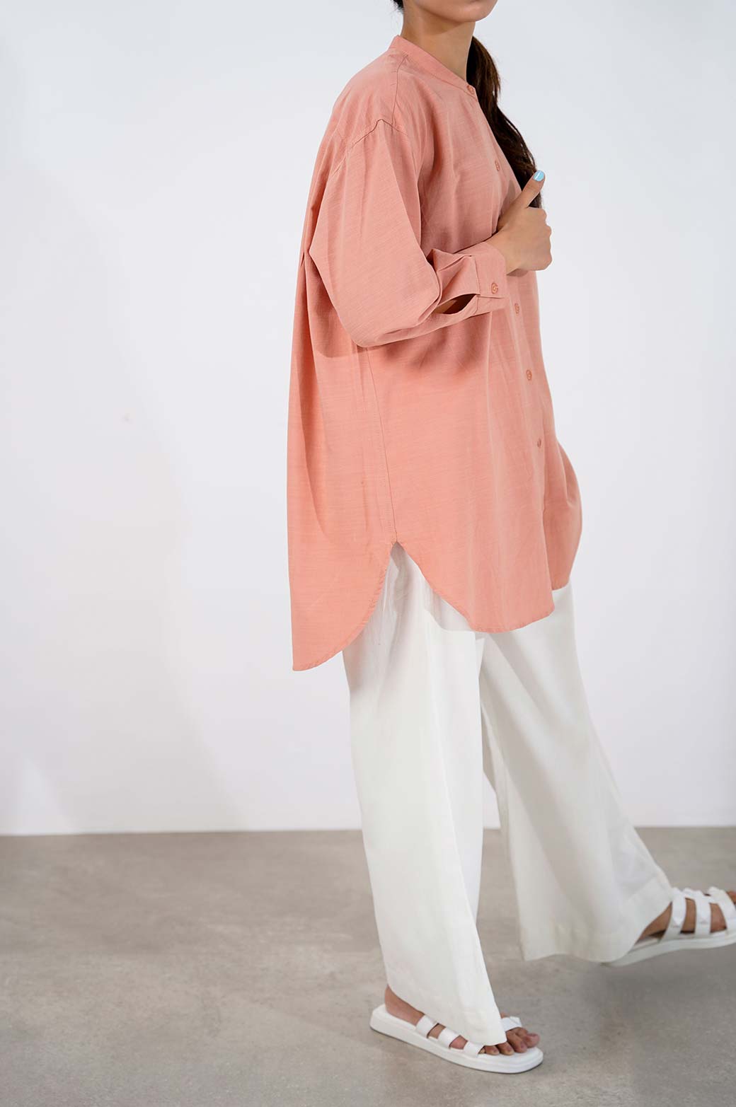 ORANGE BAND COLLAR LONG SHIRT