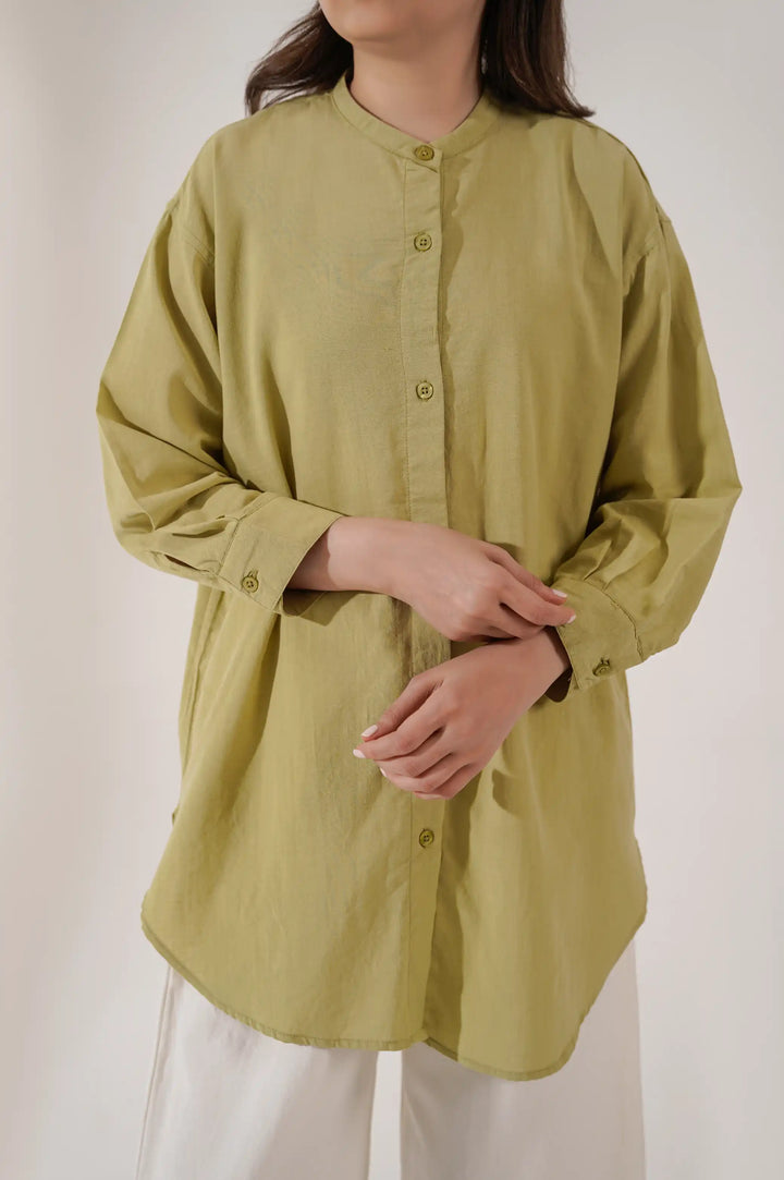 SEA GREEN BAND COLLAR BUTTON DOWN SHIRT