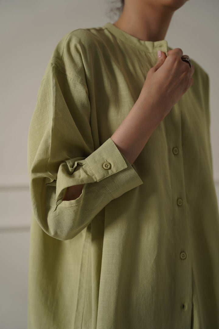 SEA GREEN BAND COLLAR LONG SHIRT