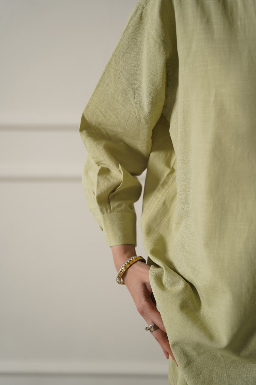 SEA GREEN BAND COLLAR LONG SHIRT