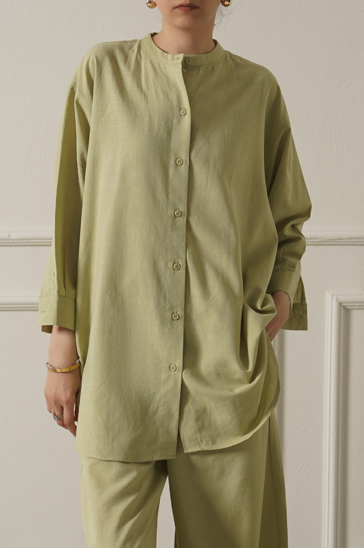 SEA GREEN BAND COLLAR LONG SHIRT