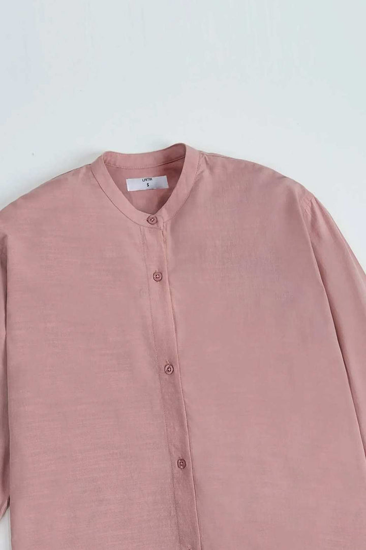 TEA PINK BAND COLLAR LONG SHIRT