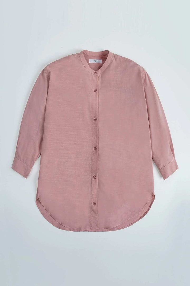 TEA PINK BAND COLLAR LONG SHIRT