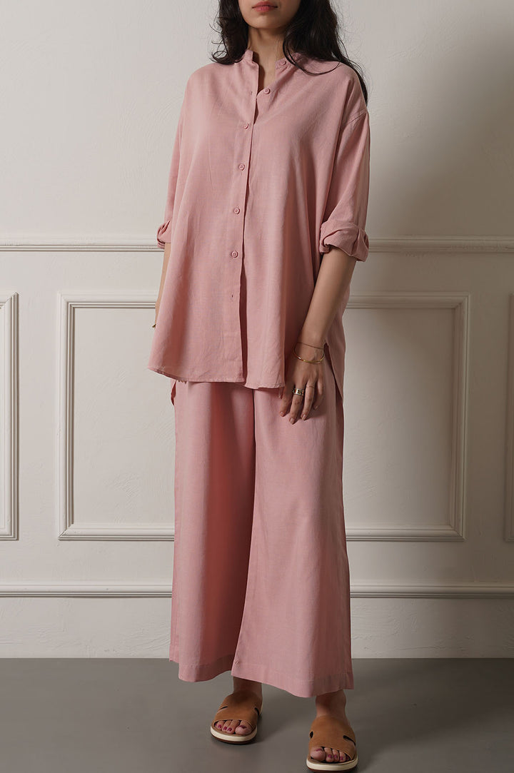 TEA PINK BAND COLLAR LONG SHIRT