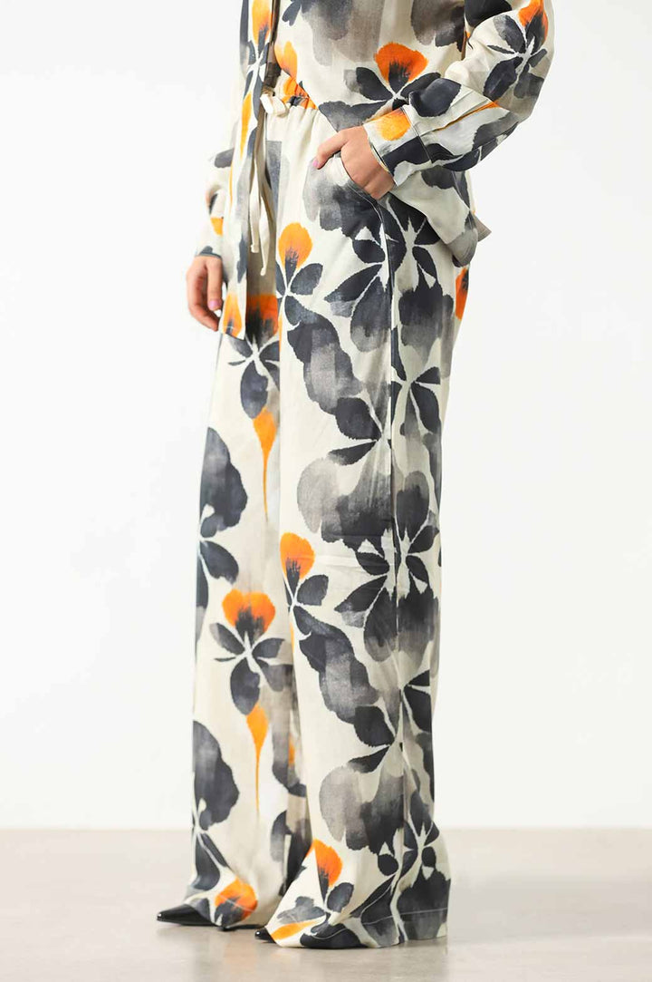 WHITE PRINTED DRAWSTRING TROUSERS