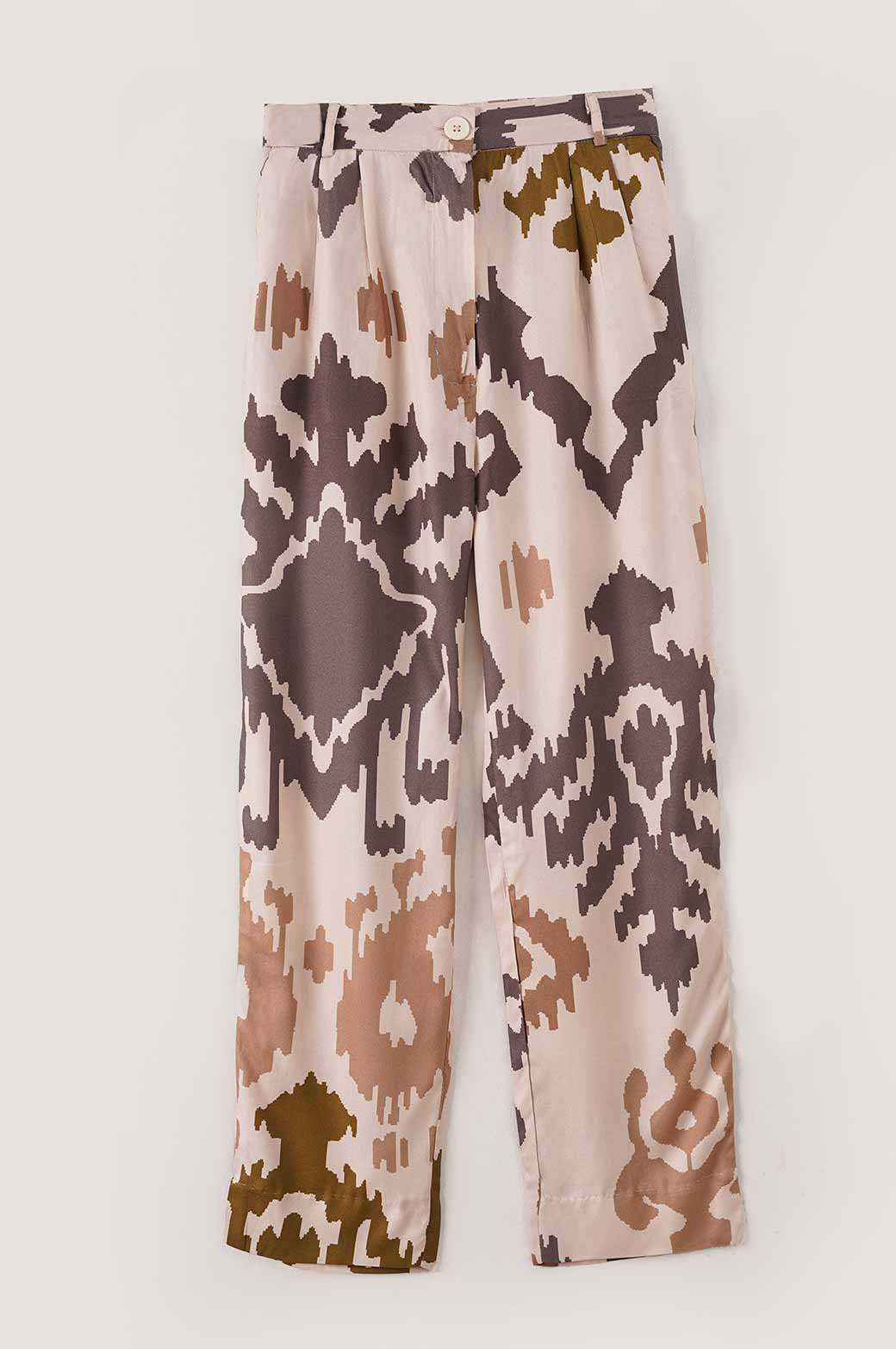 BROWN PRINTED DRAWSTRING STRAIGHT PANTS