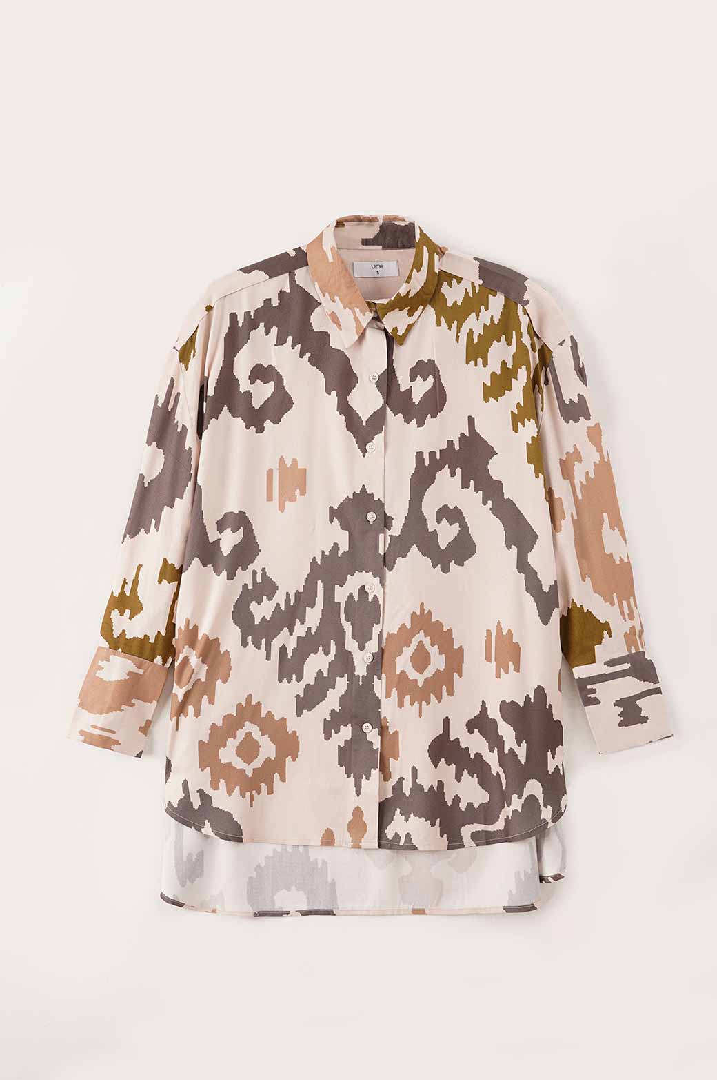 BROWN PRINTED BUTTON DOWN SHIRT