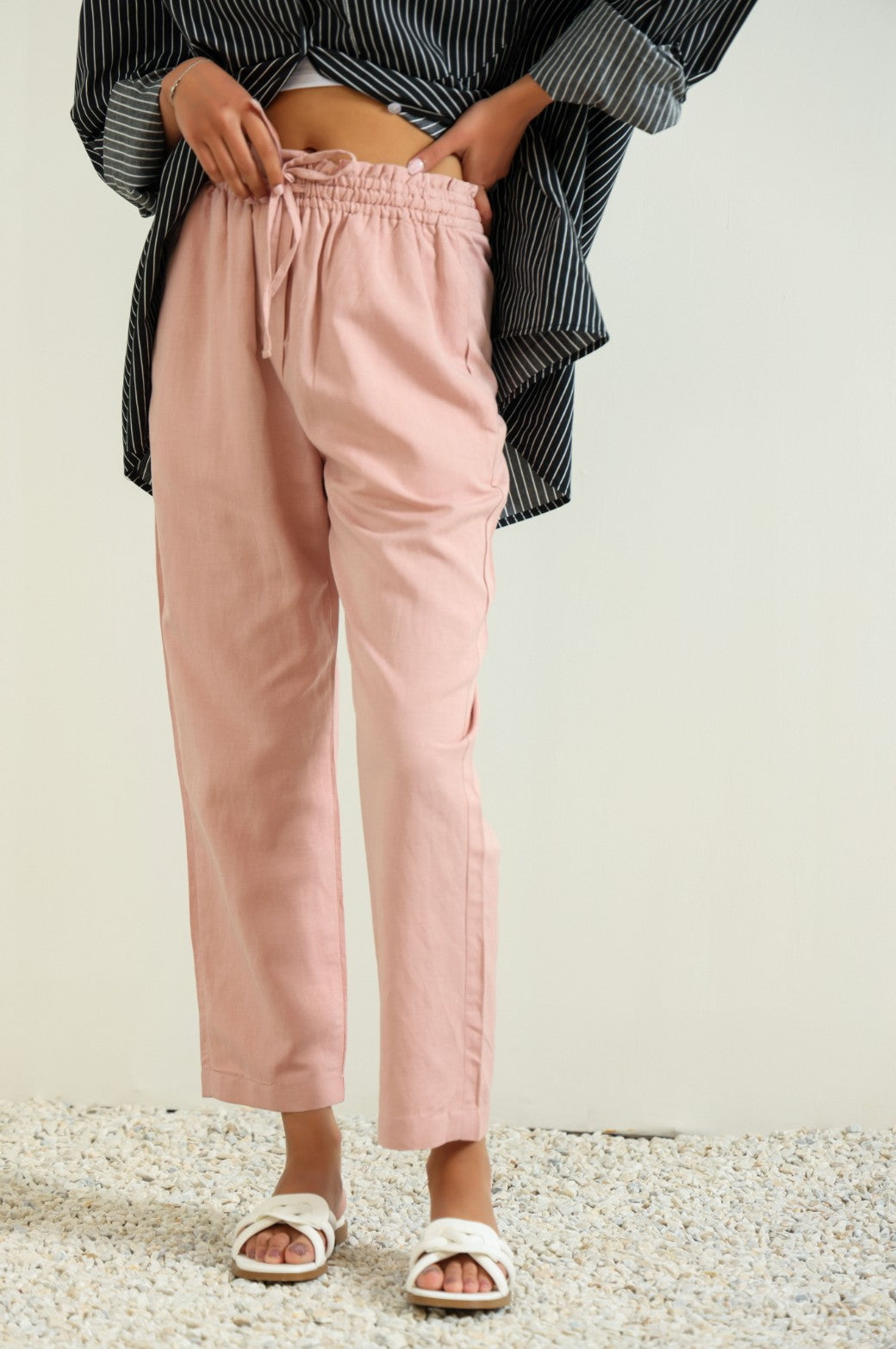 TEA PINK LINEN PAPERBAG PANTS