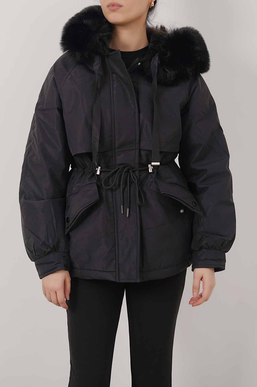 BLACK PUFFER TRENCH WITH FUR HOOD