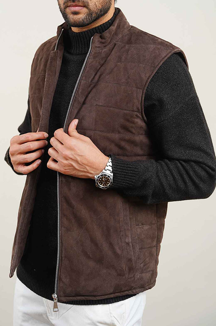 DARK BROWN SUEDE ZIPPER GILET