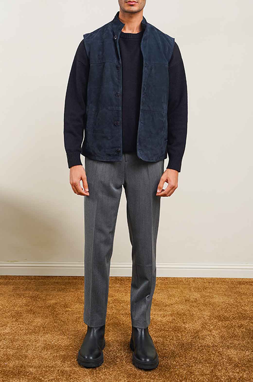 NAVY SUEDE BUTTON DOWN GILET
