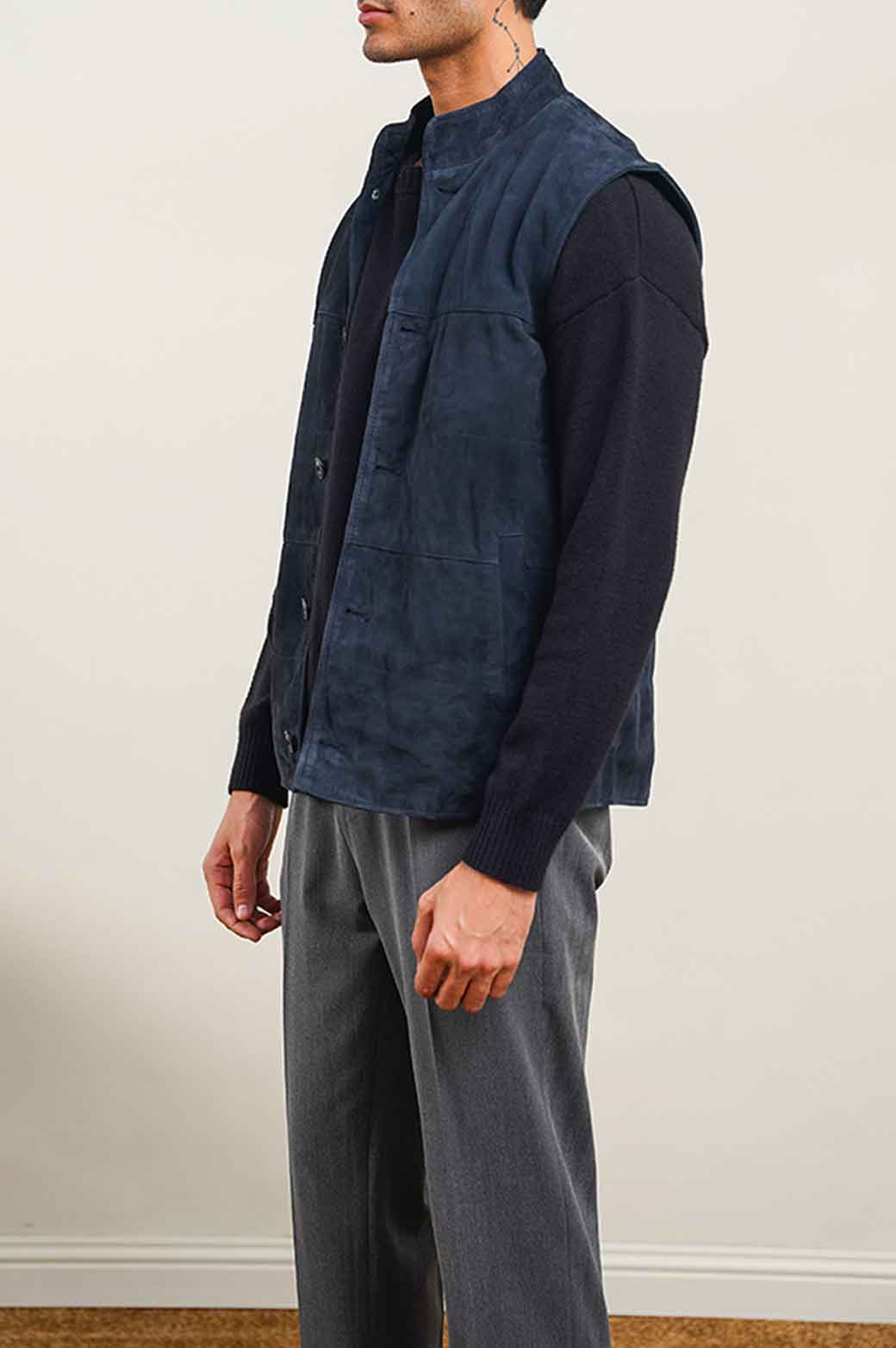 NAVY SUEDE BUTTON DOWN GILET