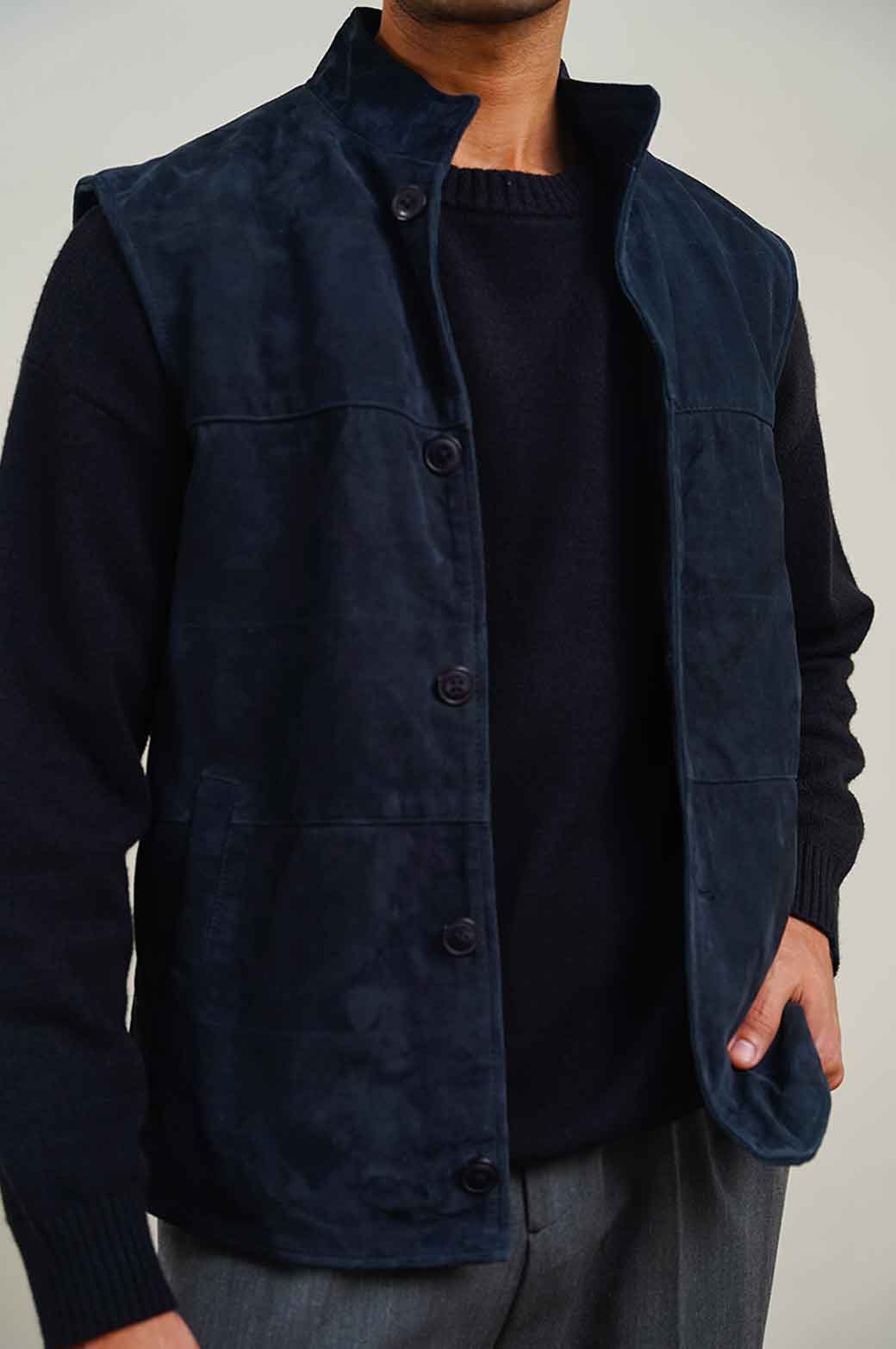 NAVY SUEDE BUTTON DOWN GILET