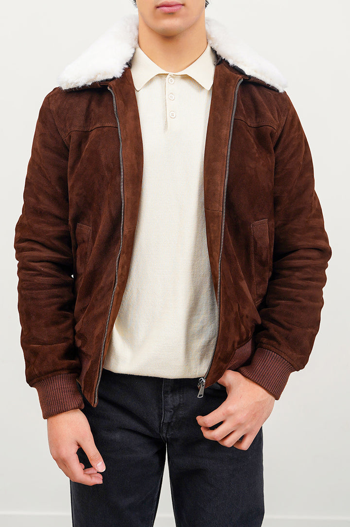 BROWN SUEDE JACKET WITH LAMB WOOL