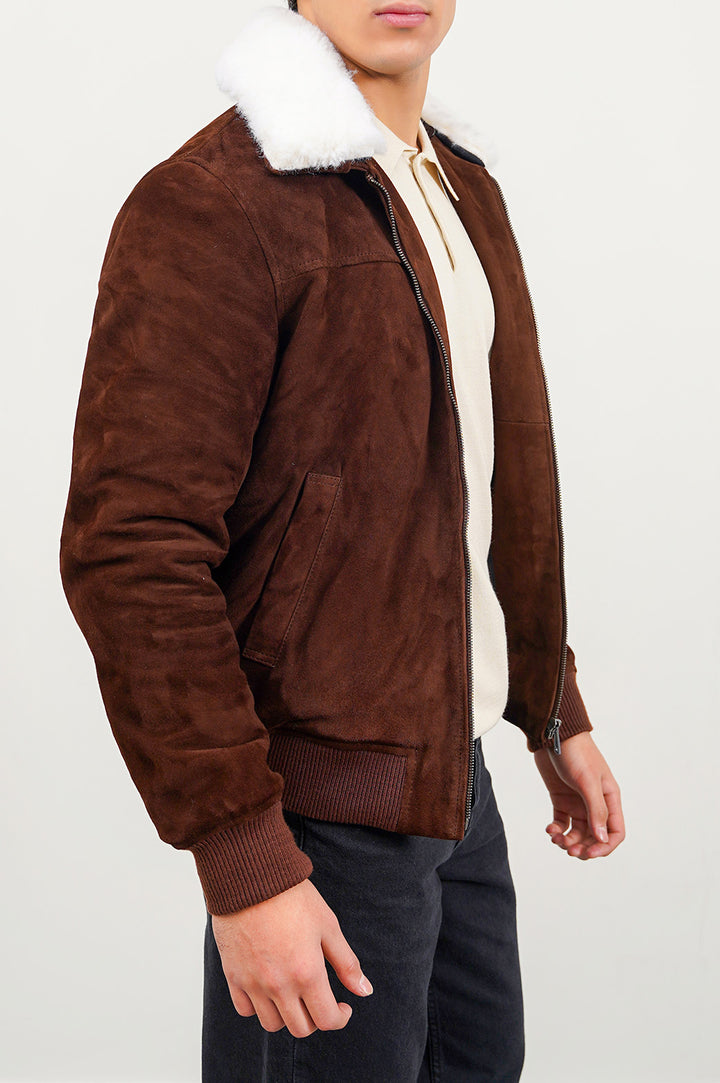 BROWN SUEDE JACKET WITH LAMB WOOL