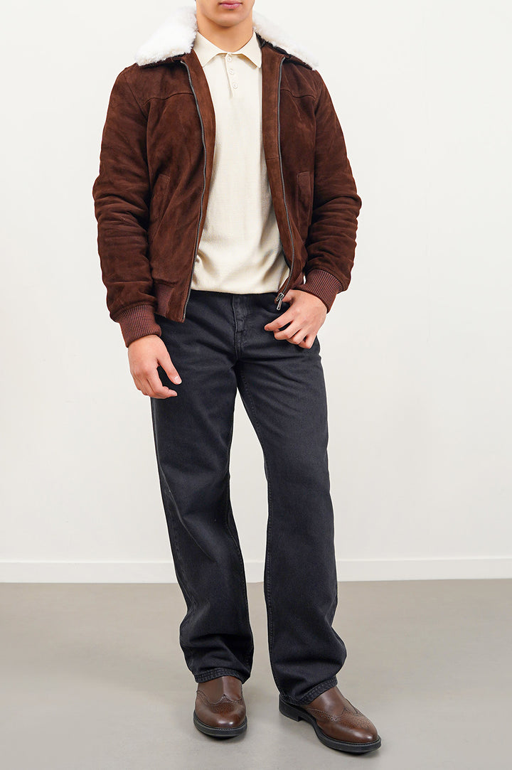 BROWN SUEDE JACKET WITH LAMB WOOL