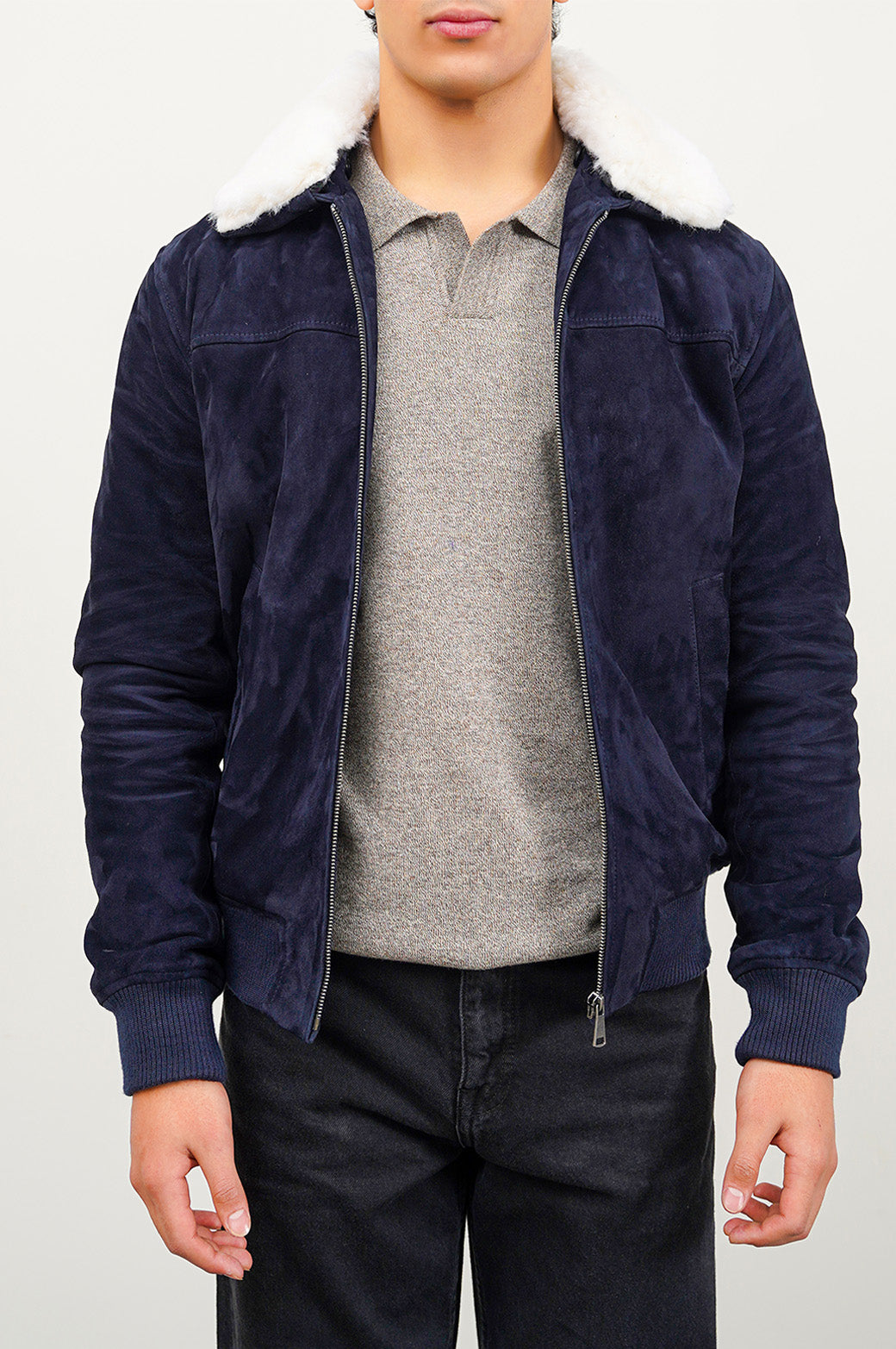 NAVY SUEDE JACKET WITH LAMB WOOL