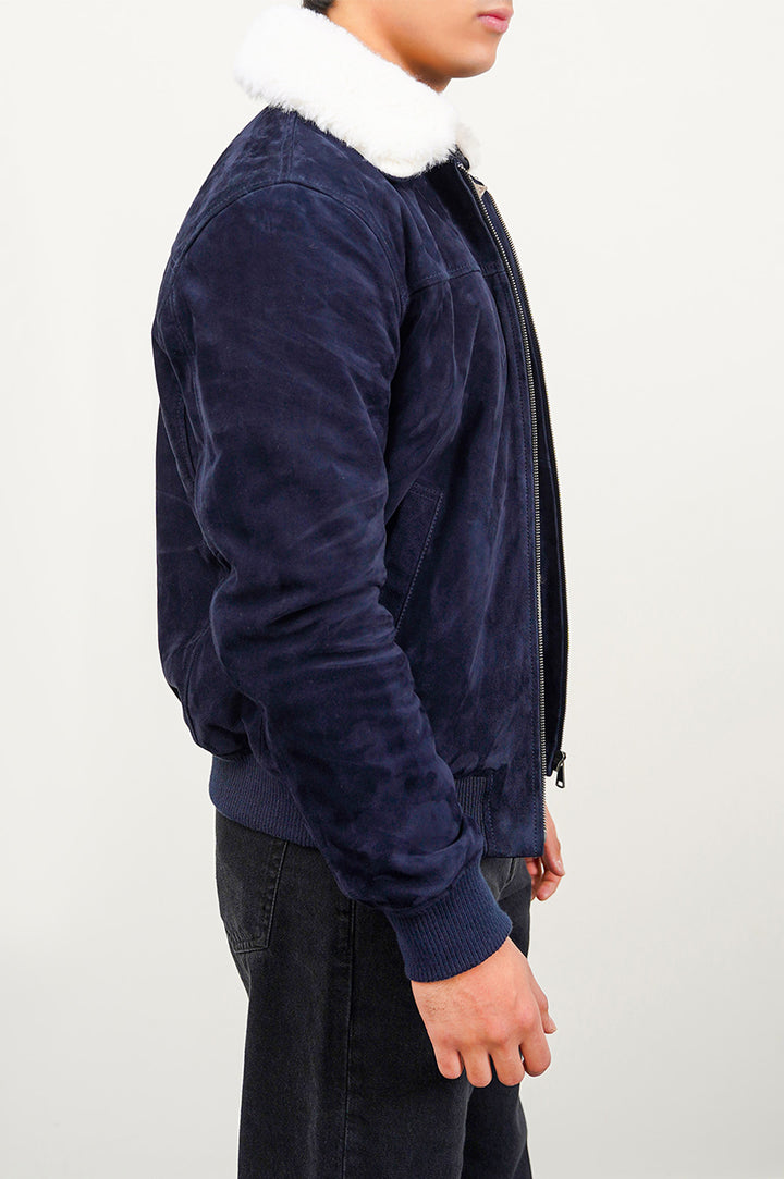 NAVY SUEDE JACKET WITH LAMB WOOL