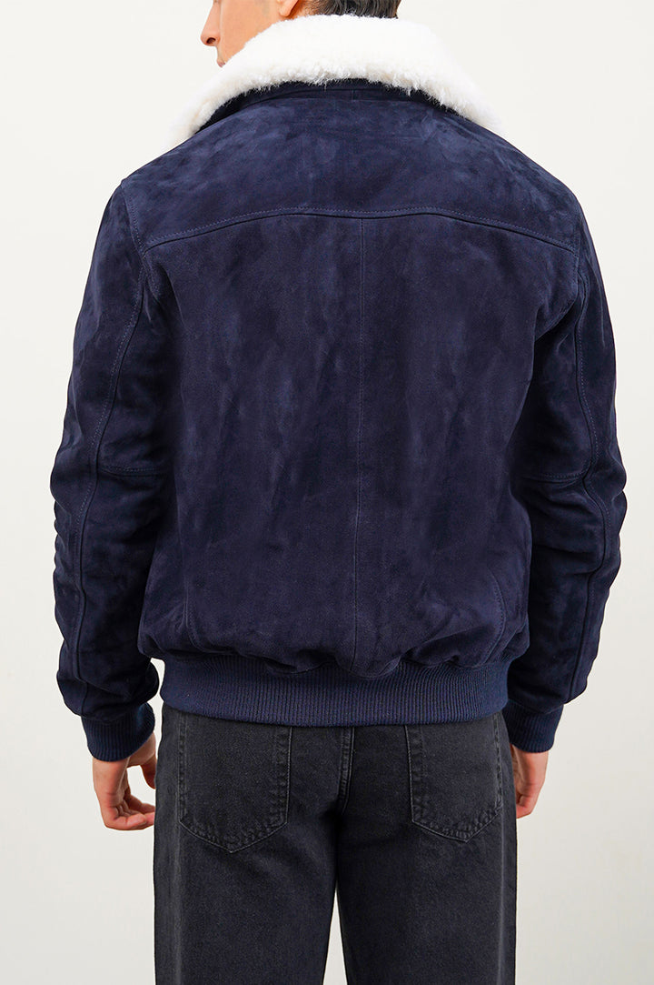 NAVY SUEDE JACKET WITH LAMB WOOL