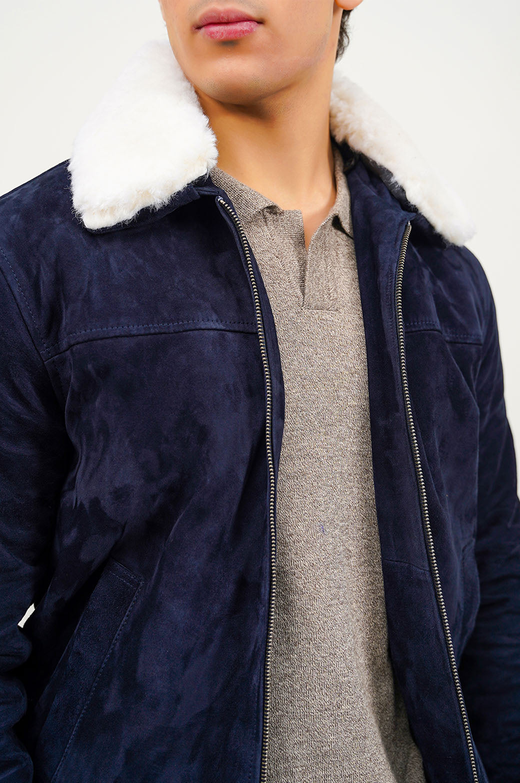 NAVY SUEDE JACKET WITH LAMB WOOL