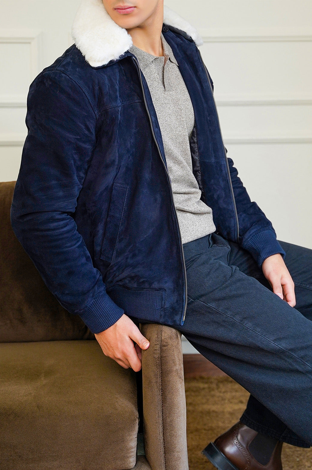 NAVY SUEDE JACKET WITH LAMB WOOL