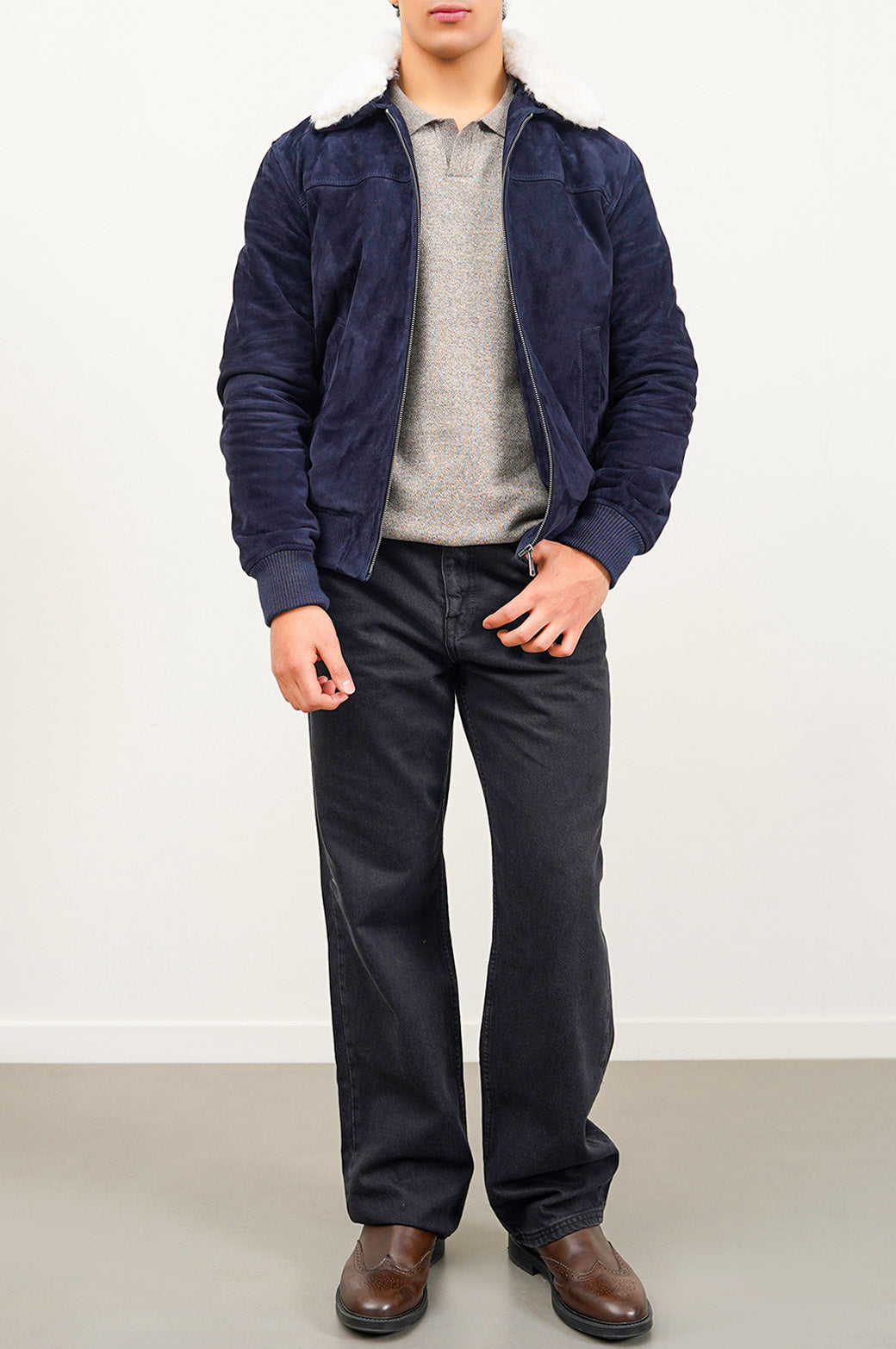 NAVY SUEDE JACKET WITH LAMB WOOL