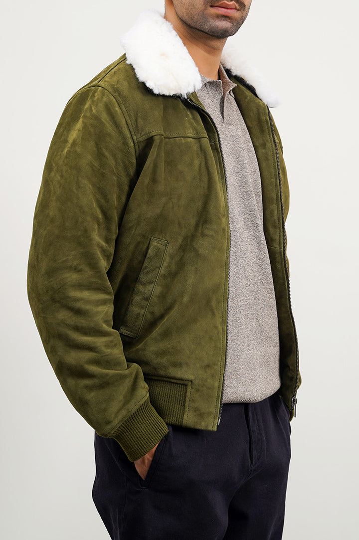 OLIVE SUEDE JACKET WITH LAMB WOOL