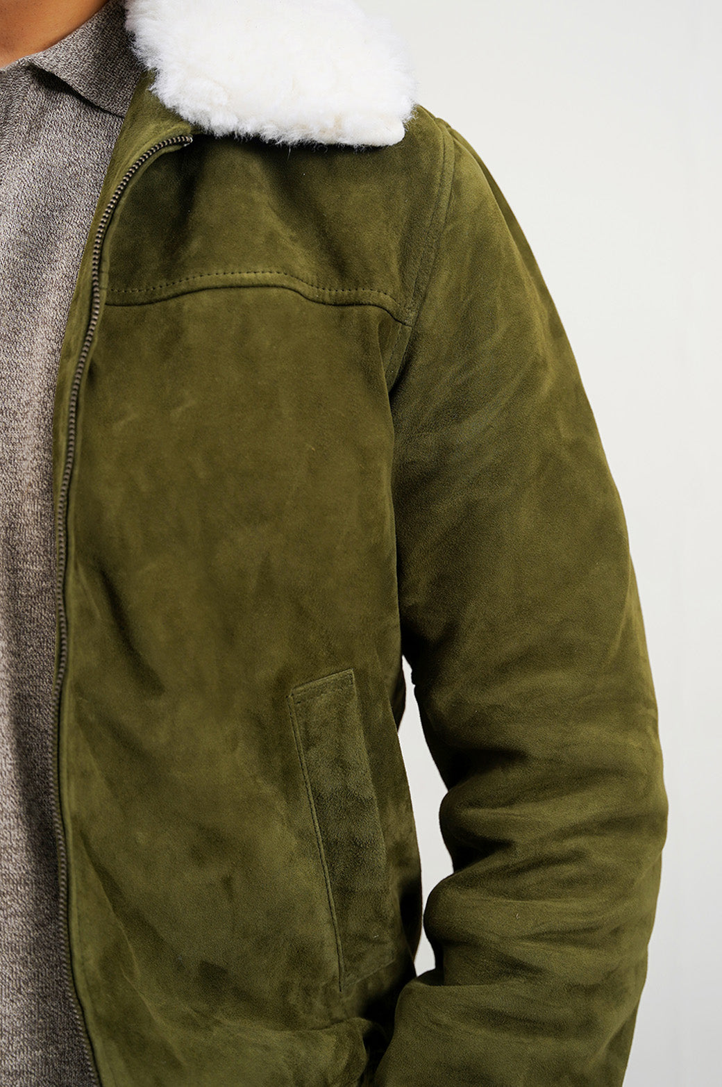 OLIVE SUEDE JACKET WITH LAMB WOOL