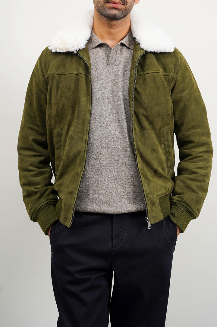 OLIVE SUEDE JACKET WITH LAMB WOOL