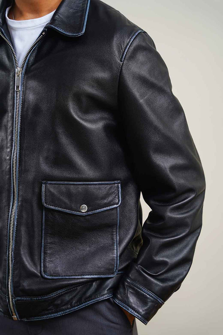 BLACK FADDED EFFECT LEATHER JACKET