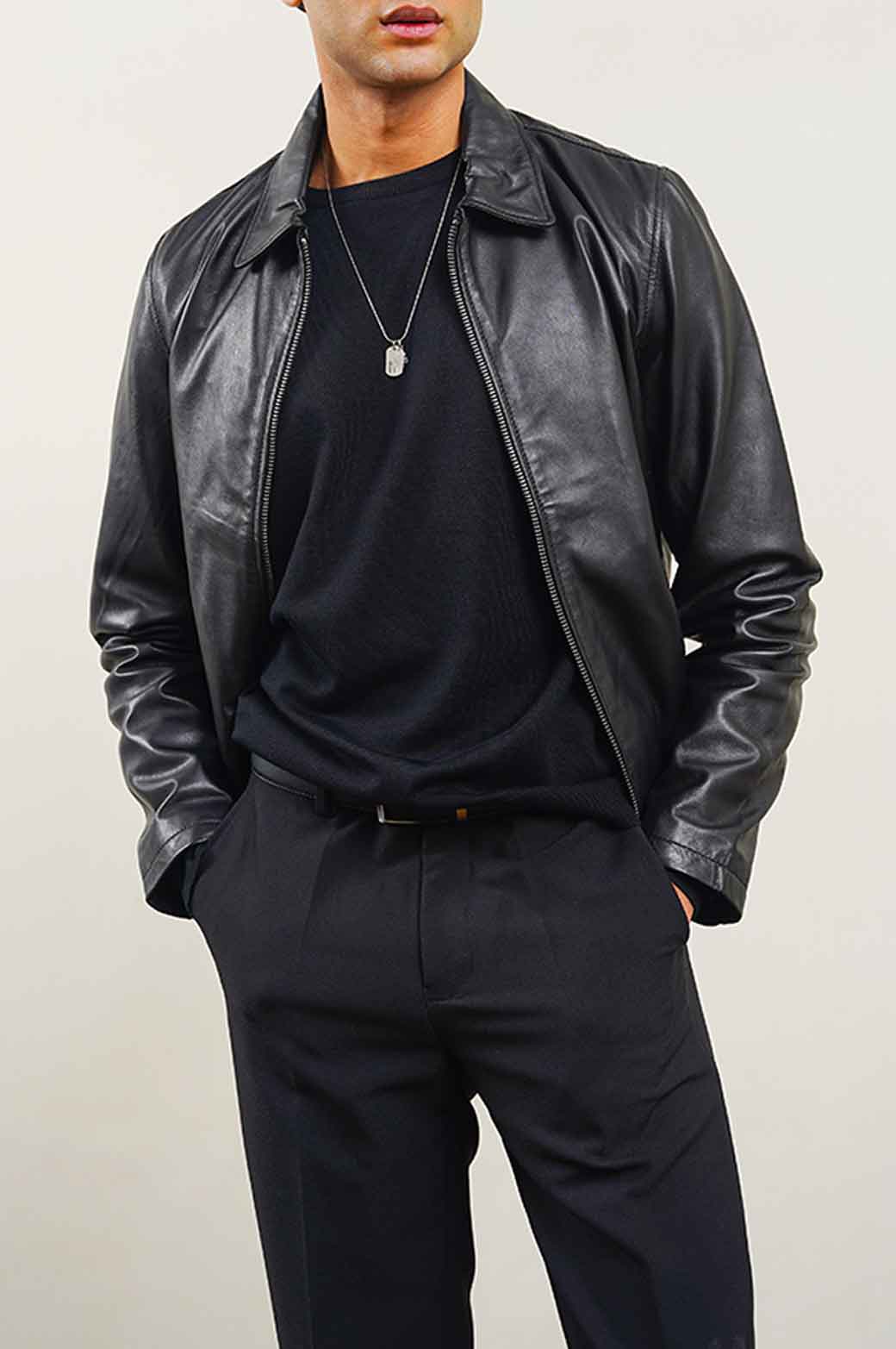 BLACK LEATHER ZIP-UP JACKET