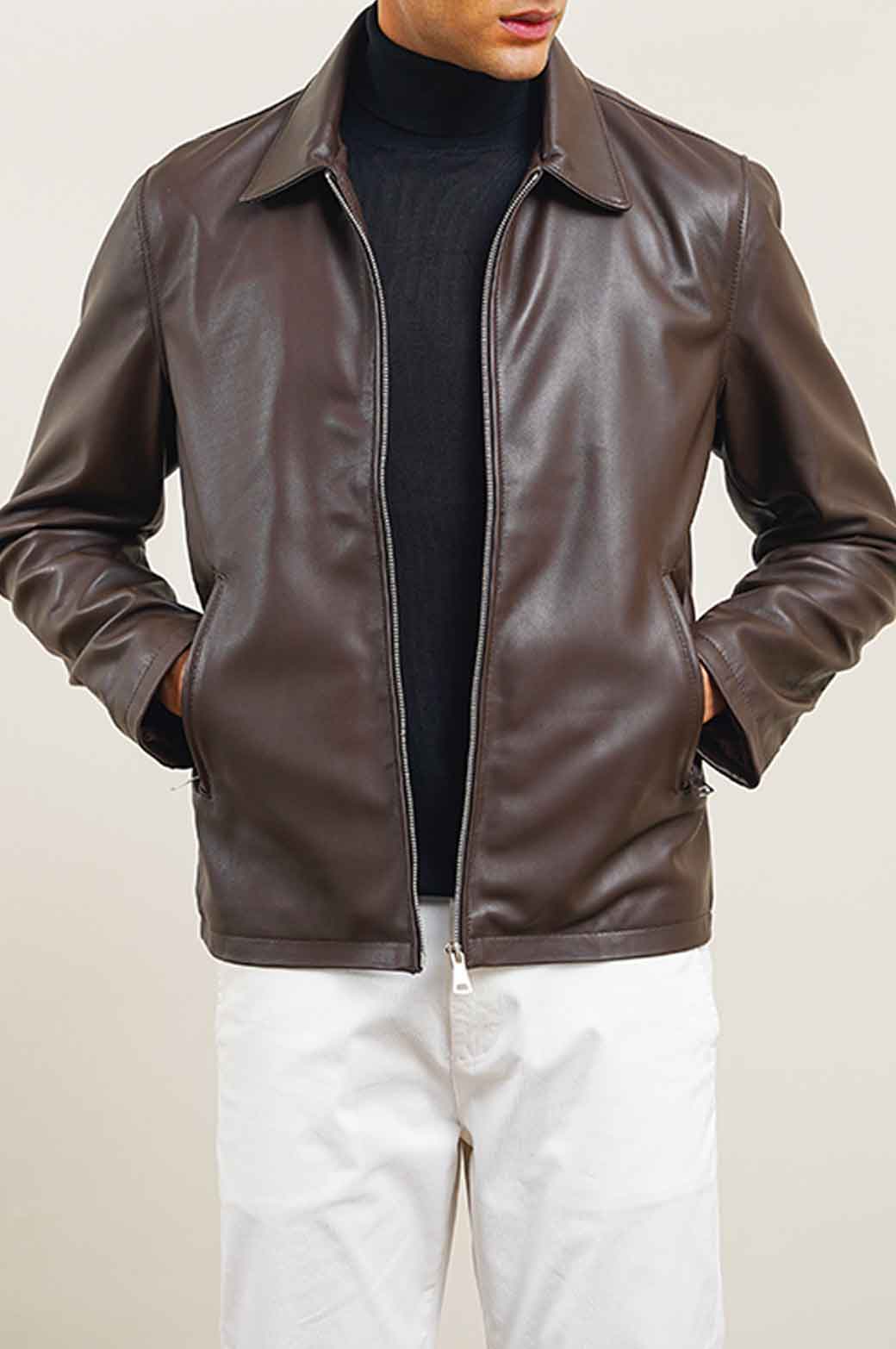 DARK BROWN LEATHER ZIP-UP JACKET