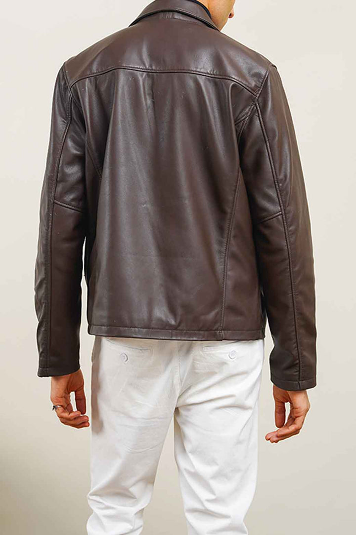 DARK BROWN LEATHER ZIP-UP JACKET