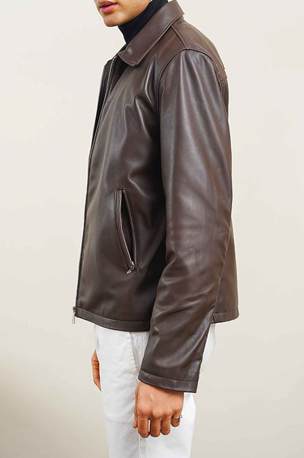 DARK BROWN LEATHER ZIP-UP JACKET