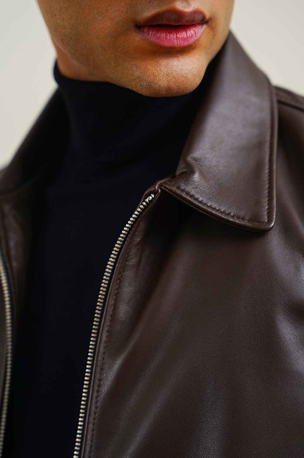 DARK BROWN LEATHER ZIP-UP JACKET