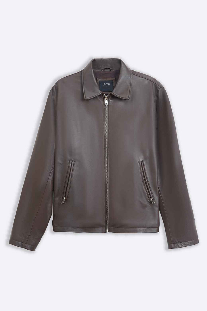 DARK BROWN LEATHER ZIP-UP JACKET