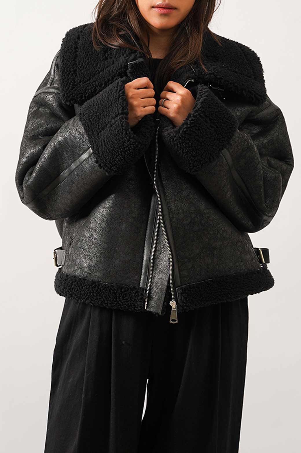 ALL BLACK ROXY SUEDE SHEARLING JACKET