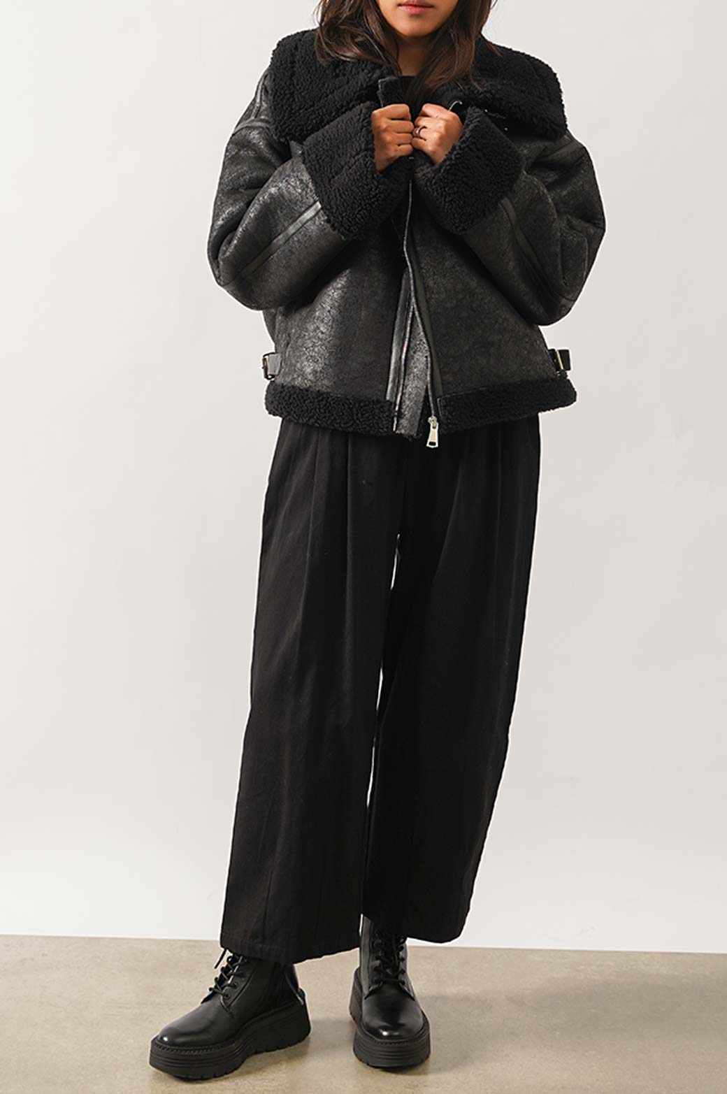 ALL BLACK ROXY SUEDE SHEARLING JACKET