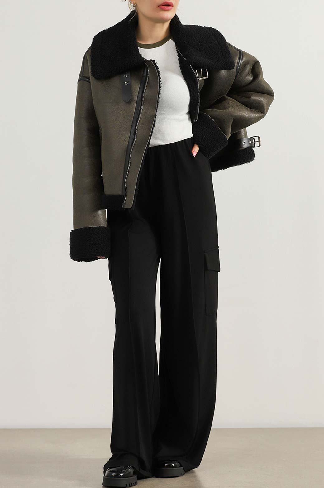 OLIVE ROXY SUEDE SHEARLING JACKET