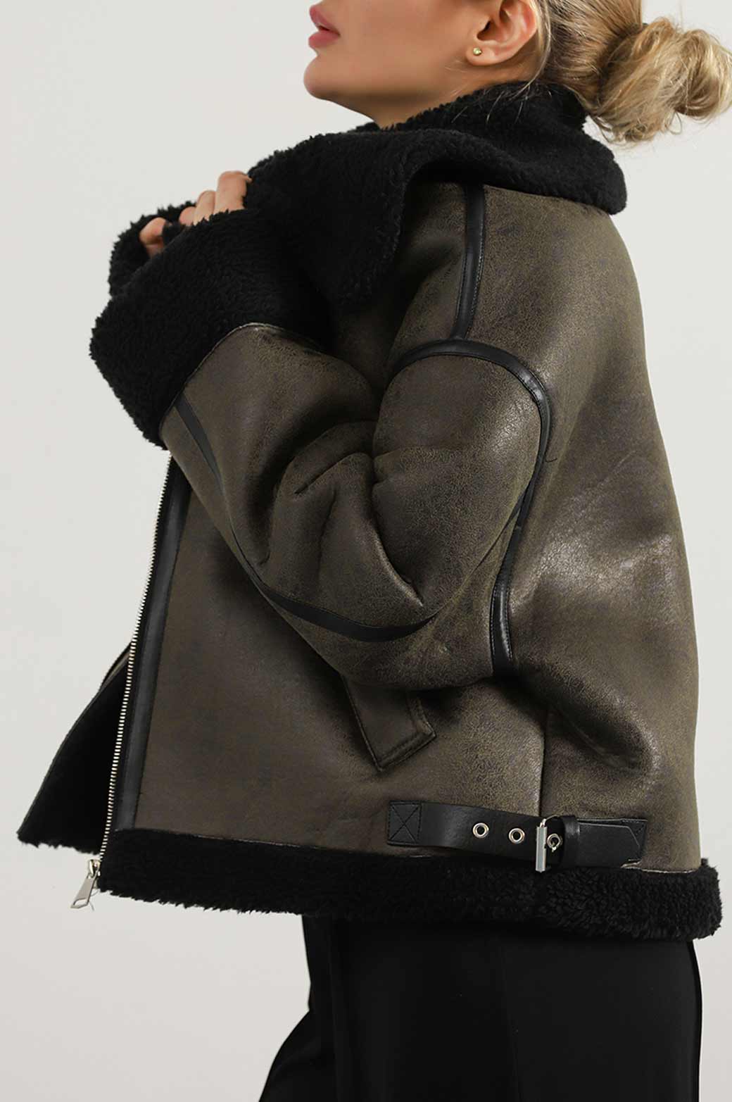 OLIVE ROXY SUEDE SHEARLING JACKET