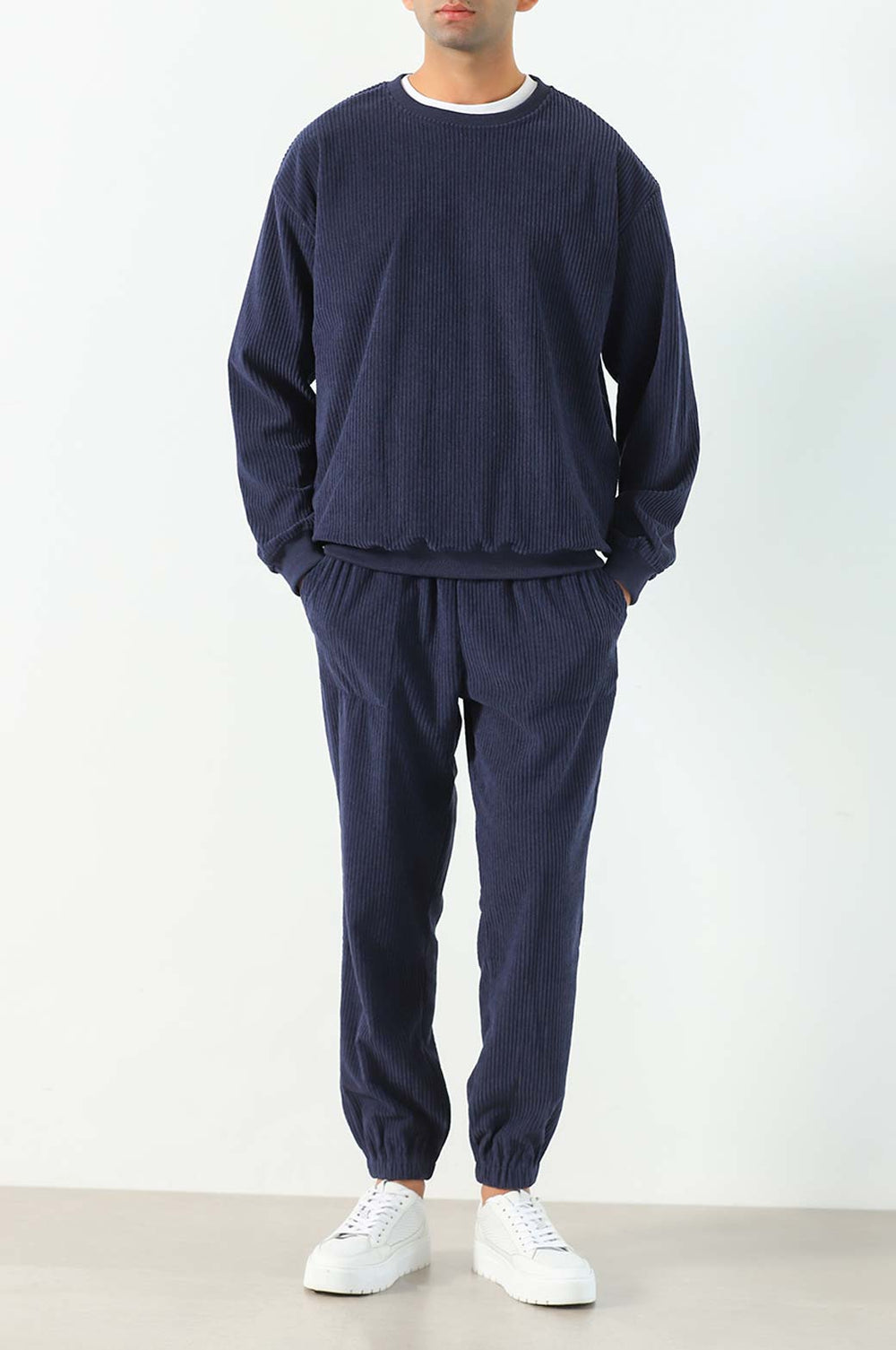 NAVY RIBBED KNIT TROUSER