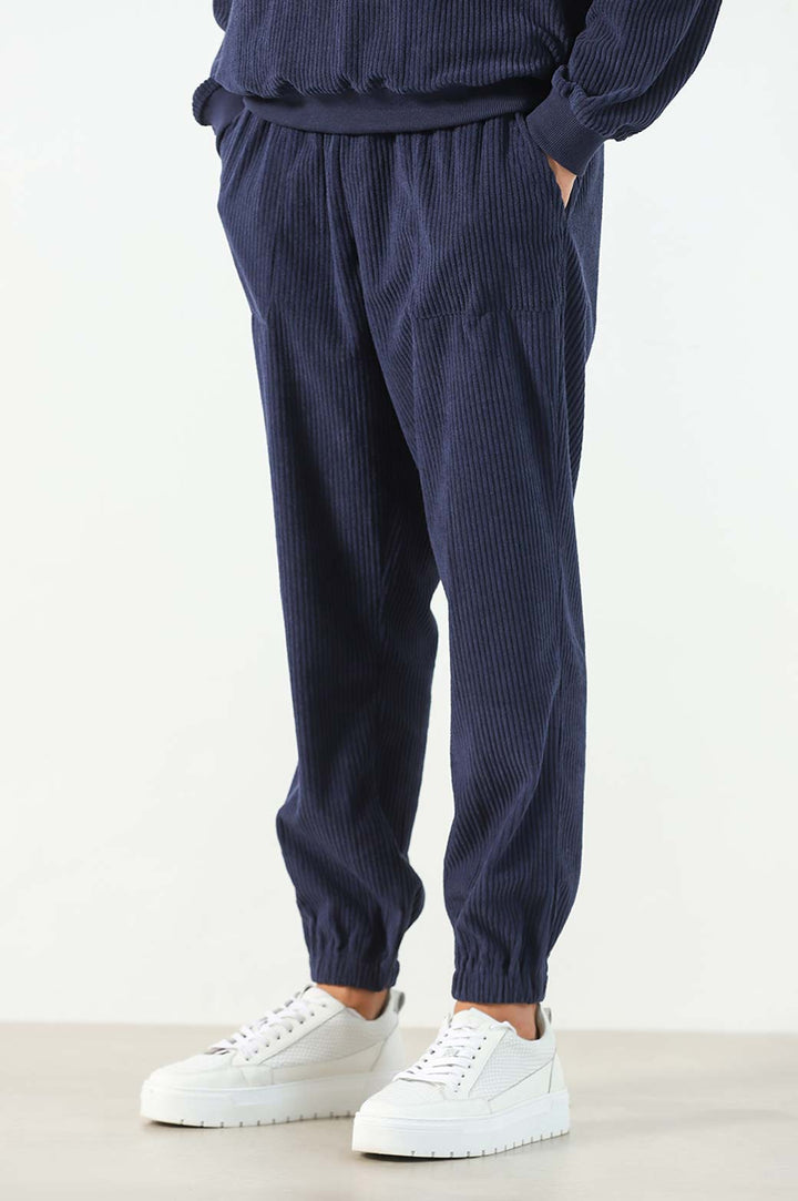 NAVY RIBBED KNIT TROUSER