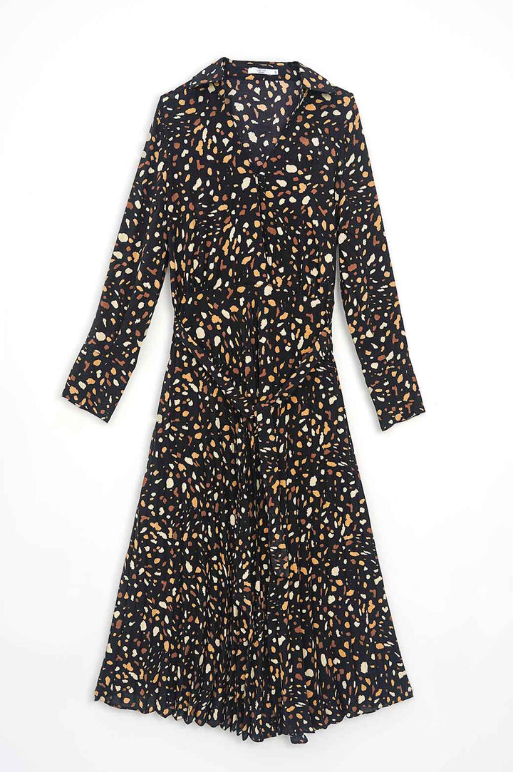 BLACK PRINTED PLEATED DRESS